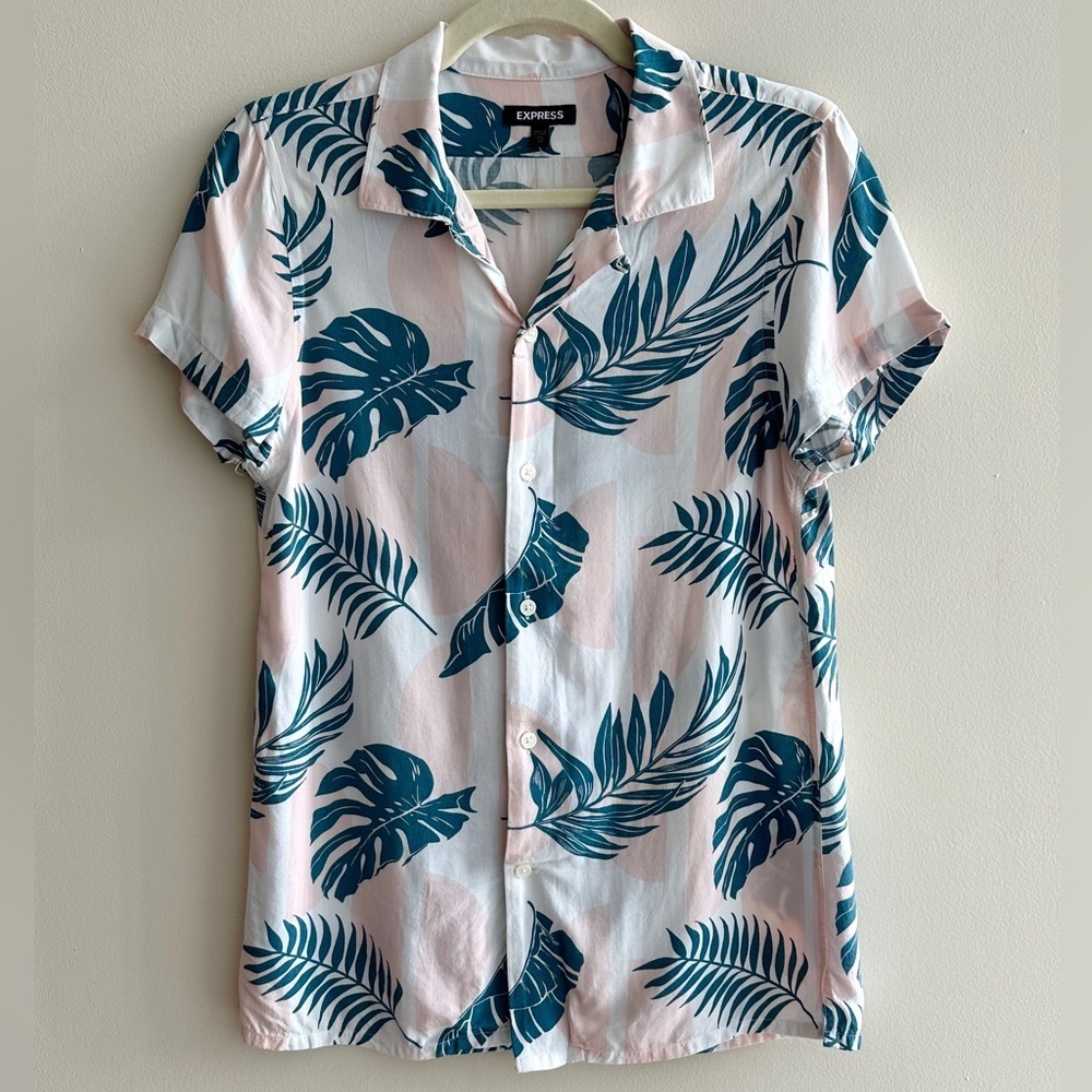 Express Men's Floral Button Down Shirt, Pink/Teal/White, Size XS